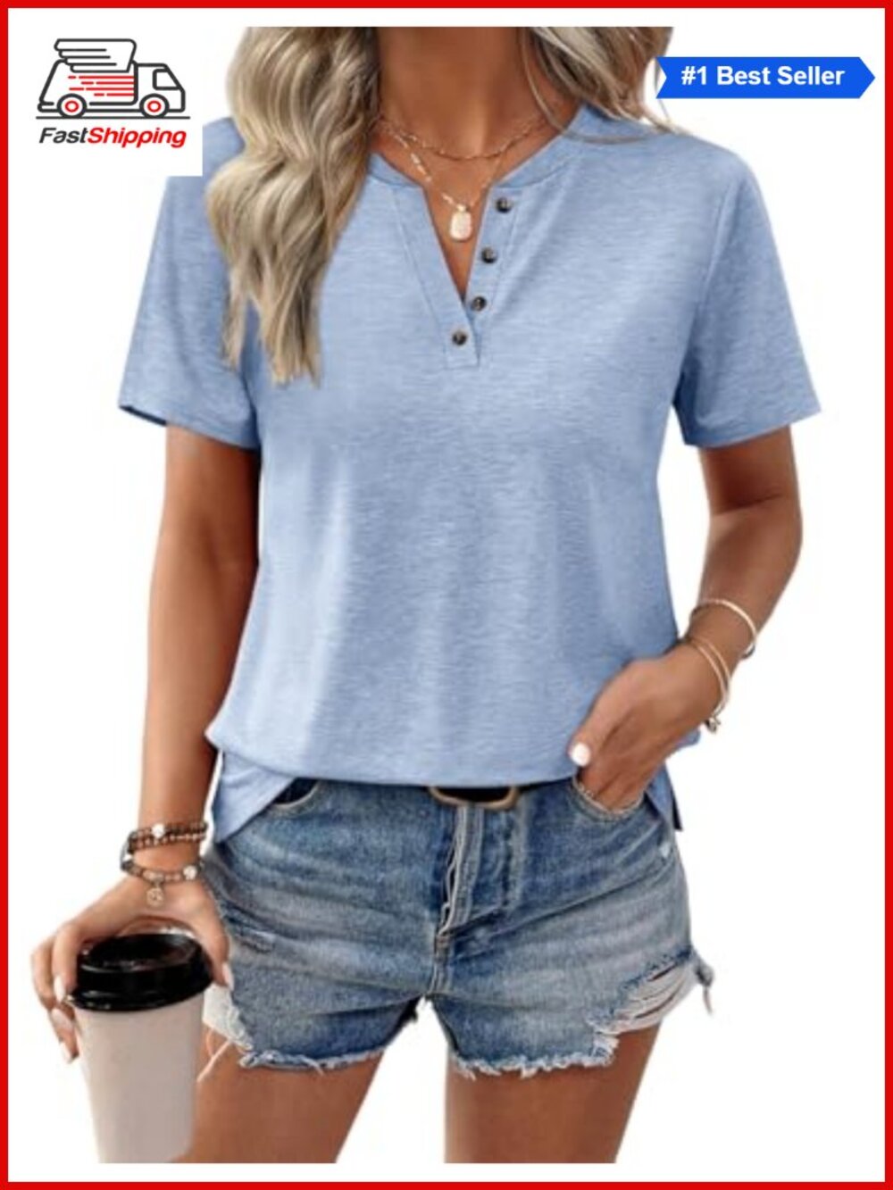 Women's V Neck Short Sleeve Loose Fit Summer Tee with Button Detail